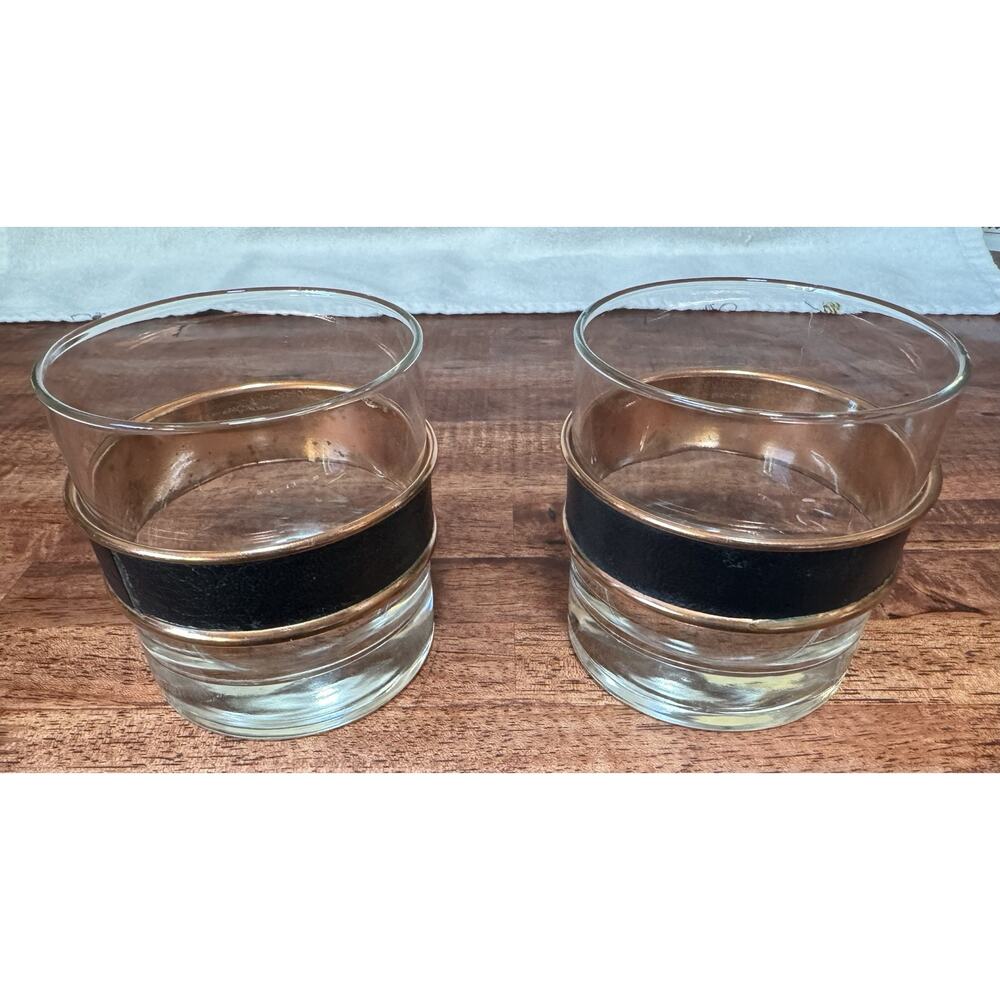 Two Vintage Coppercraft Guild 11oz Glass Barware Copper Leather Band 1970s #933